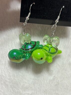 Cute Light/Dark Green Turtle Dangle Earrings Sterling Silver Posts